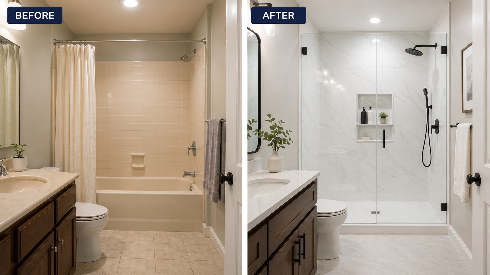 Before and after low maintenance bathroom shower renovation
