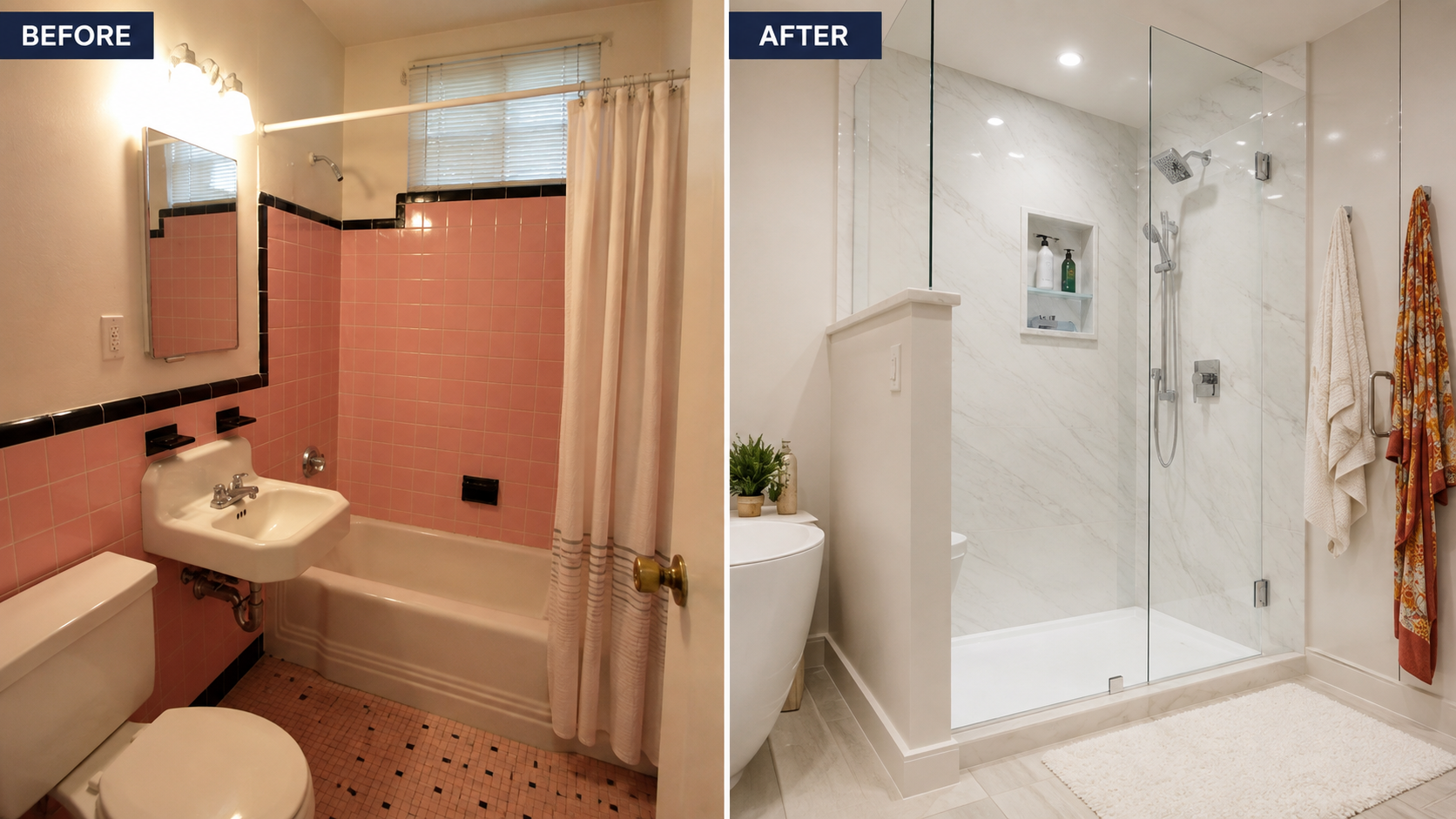 Before and after Bella Bath and Shower bathroom transformation