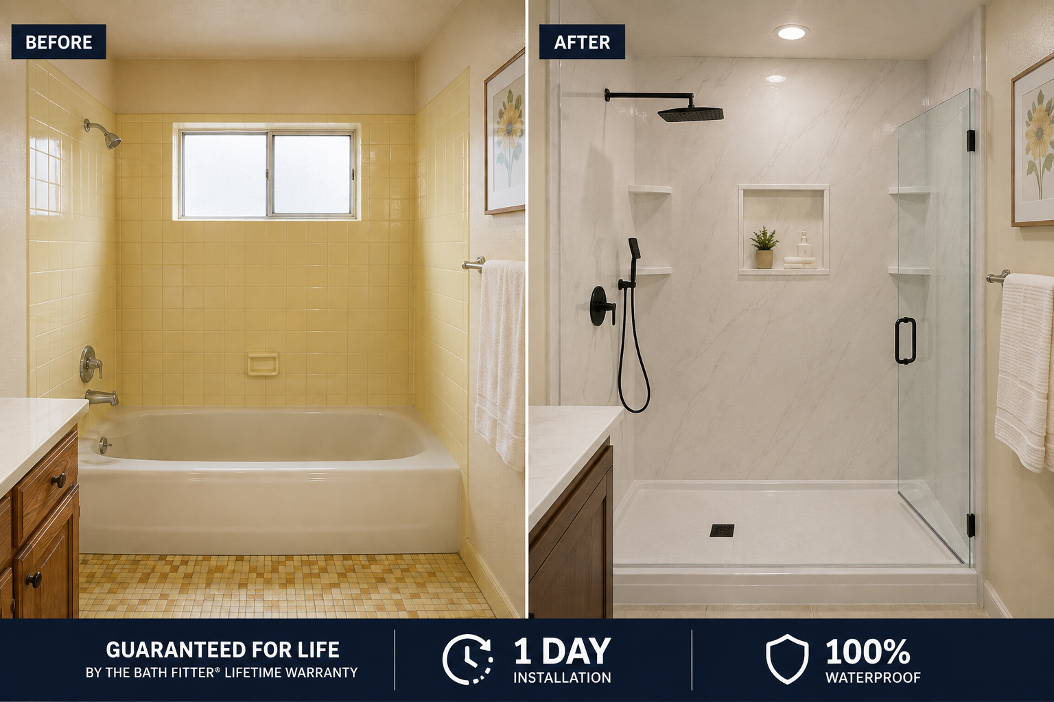 Before and after bathroom remodel with modern walk in shower