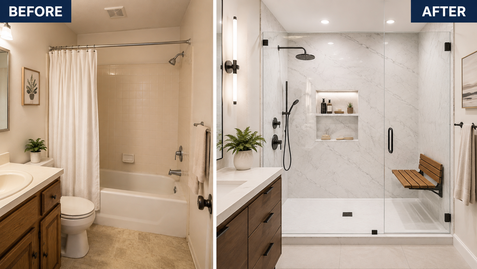 Before and after modern bathroom shower renovation