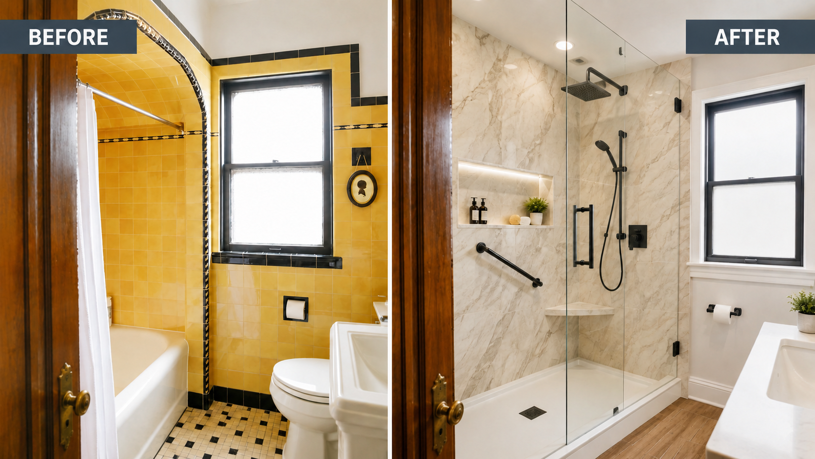 Bathroom before and after accessibility shower renovation